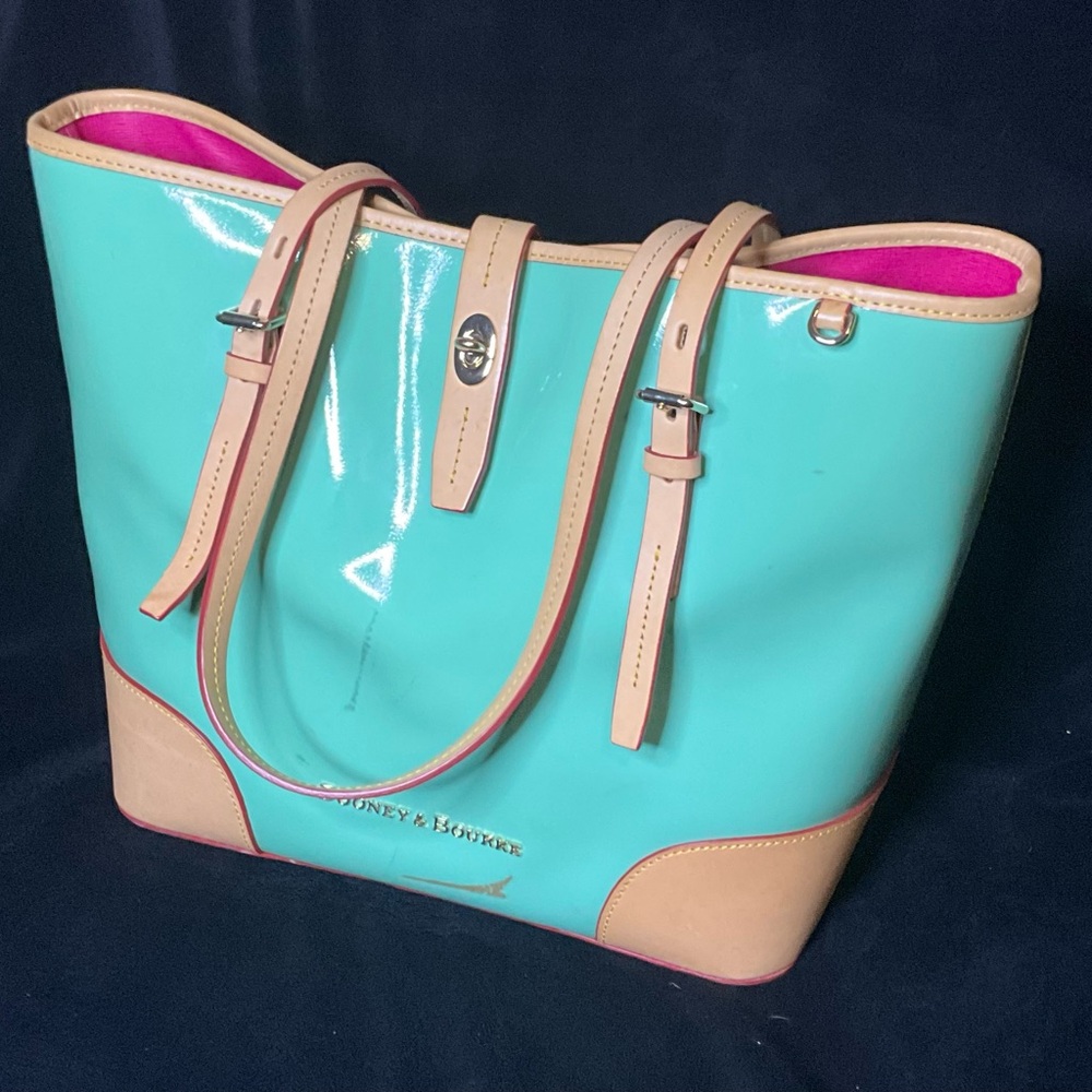 Dooney & Bourke Aqua and Tan Tote Bag - Picture 2 of 12